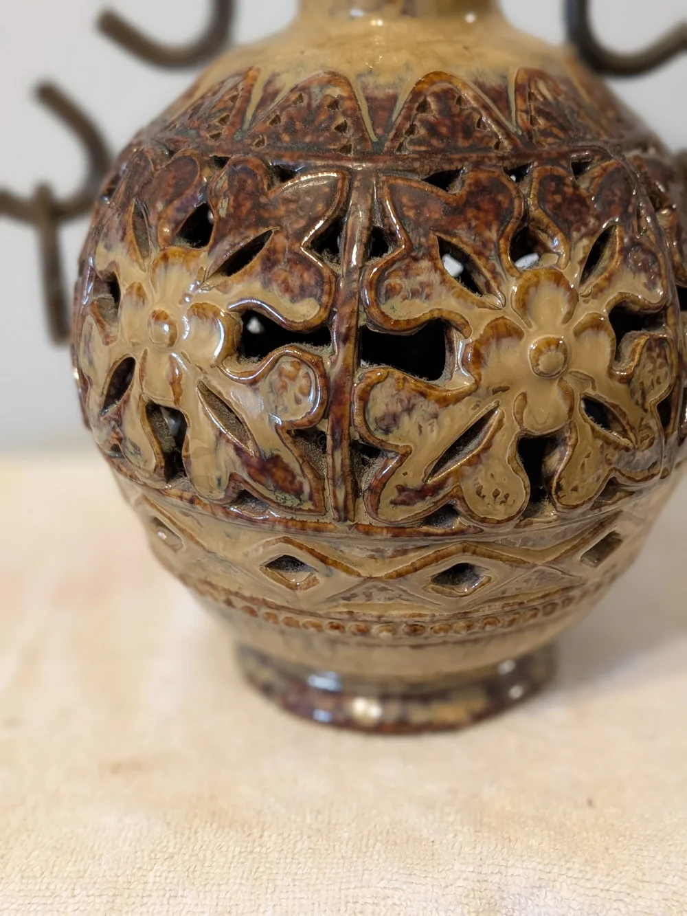 Vintage Glazed Ceramic Pierced Vase With Metal Handles